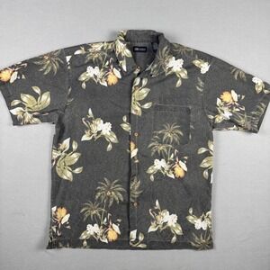Faded Glory Mens Tropical Floral Palm Tree Hawaiian Shirt Grey Large Vacation